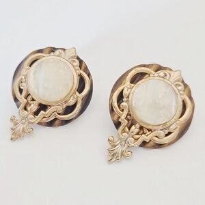 Vintage Victorian Style Gold Tone Mother of Pearl Post Earrings Ornate Statement